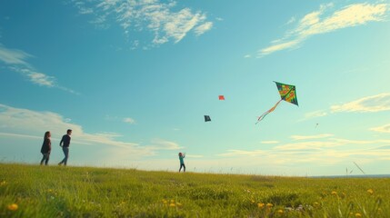 Naklejka premium A group of people are flying kites in a grassy field under the azure sky with fluffy cumulus clouds floating in the atmosphere. AIG41