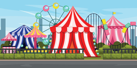 Vector illustration of an amusement park with attractions and a circus.Cartoon scene of summer cityscape with bright colored circus tents, ferris wheel, roller coaster, bushes, silhouettes of houses.
