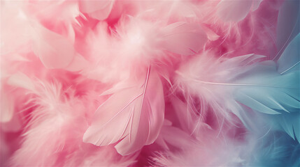 Obraz premium Soft and fluffy colored feathers, pink and blue tones background.
