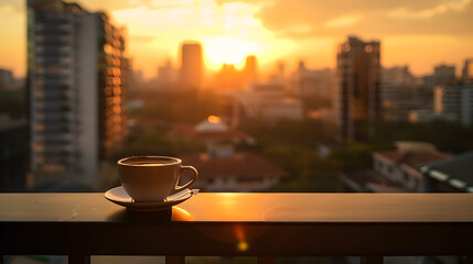 A quiet morning coffee on a balcony overlooking a bustling cityscape at sunrise. - obrazy, fototapety, plakaty