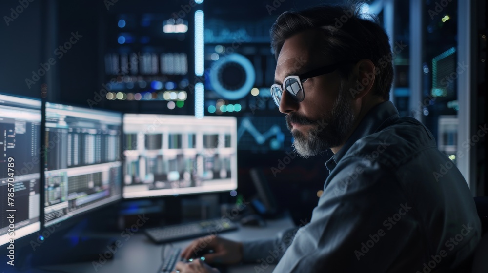 Aufkleber Man Monitoring Data on Multiple Computer Screens at Night