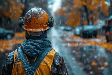 Worker in reflective gear with an orange helmet is seen amidst a backdrop of falling snow and autumn leaves