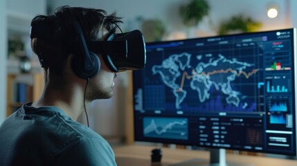 Man Exploring Virtual Reality With Global Data Visualization