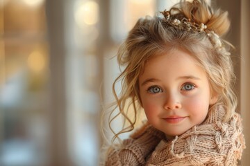 Girl with curly hair and sparkling eyes by a window, giving a sense of wonder and curiosity