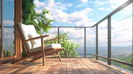 Wooden armchair with soft cushions on cozy balcony of resort house or hotel overlooking the tropical forest