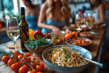 Focus on a delicious spaghetti dish with cherry tomatoes, surrounded by olive oil and fresh vegetables, with blurred people in background