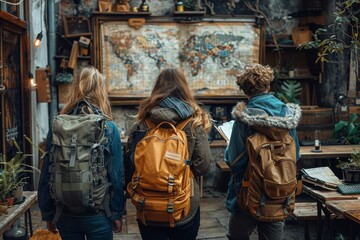 Group of young explorers with backpacks discussing a large vintage map in an antique shop setting - obrazy, fototapety, plakaty