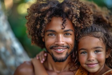 Cheerful man and child posing closely with matching curly locks, reflecting familial love and joy
