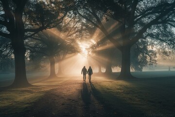 A serene park scene at dawn, with two people holding hands and walking towards the camera through misty trees Generative AI - obrazy, fototapety, plakaty