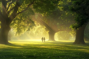 Obraz na płótnie Canvas A wide shot shows two people holding hands walking through the park, surrounded by large trees with mist rising from them at sunrise Generative AI