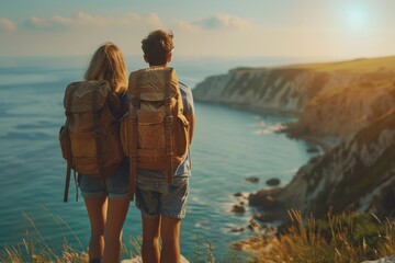 A couple with backpacks stands hand in hand, overlooking a scenic coastal landscape at sunset,...