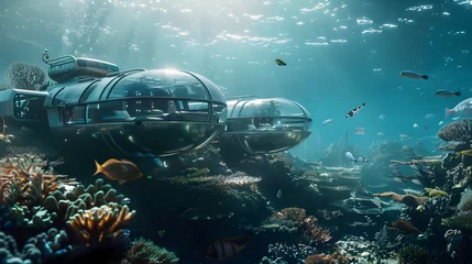  A self-sustaining underwater hotel with coral reef restoration projects and eco-friendly accommodations. © Finn