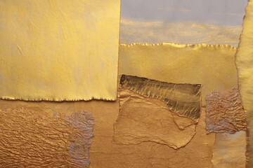 Gold, bronze paper collage paper frame painting wall. Abstract glow texture copy space relief background.