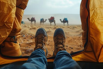 Camel caravan seen from a camper's point of view