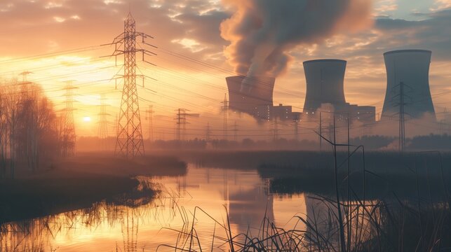 Energia nuclear, central nuclear ao p&ocirc;r-do-sol. 