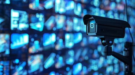 Fototapeta na wymiar Surveillance Camera Overlooking a Bank of Monitors