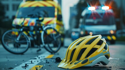 A chaotic scene of a bicycle accident on a busy urban street, with a crumpled bike lying on the road, emergency services attending to the incident, and an ambulance parked nearby ready to assist.