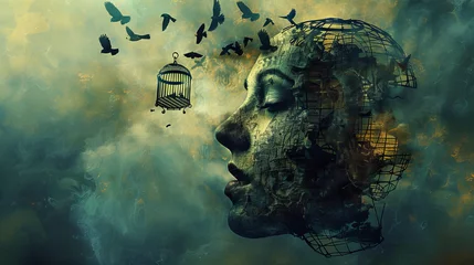 Fotobehang A surreal 3D illustration portrays the concept of freedom, soul, and inspiration through a thought-provoking artwork. In this conceptual painting, a bird cage is depicted resting on a human face © Bahram
