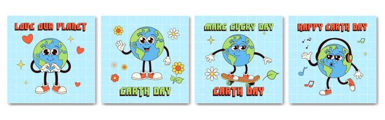 Earth day cards set. Earth groovy characters in trendy retro style