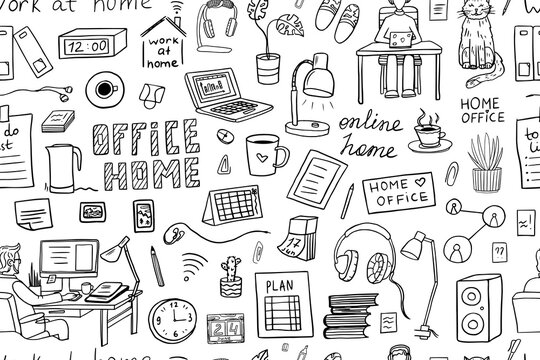 Seamless pattern of business elements. Working online on laptops, tablets. Self-employed man work in comfortable conditions. Hand drawn. Great for professional design. Doodle style