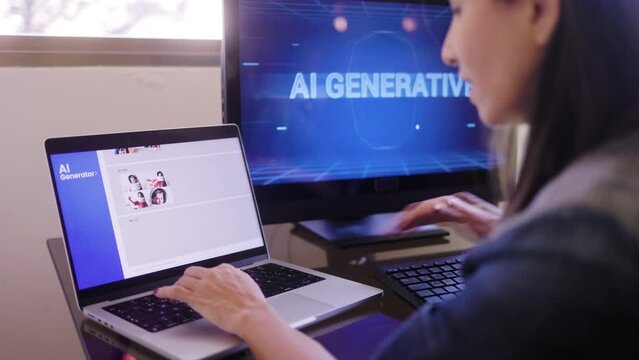 AI Generative app. Business woman creating images with artificial intelligence software technology. Chat bot trend