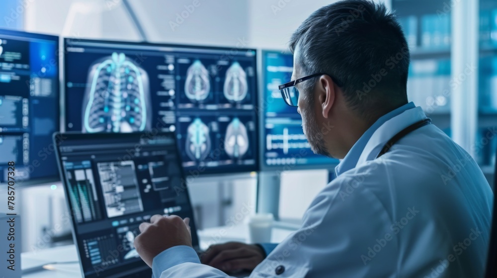 Poster Scientist in Lab Coat Analyzing Computer Screen