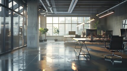 Modern Office Corridor with Glass Walls and Natural Light - obrazy, fototapety, plakaty