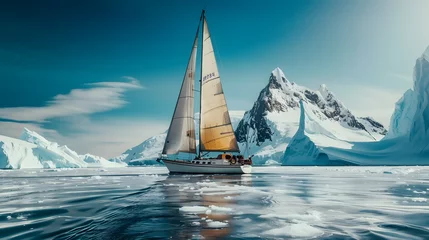  A sailboat navigating through icy waters with towering glaciers in the background emphasizing the boldness and isolation of polar exploration. © Finn