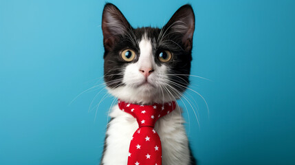 Dapper Black and White Cat in Red Tie with Stars, Professional Feline Portrait