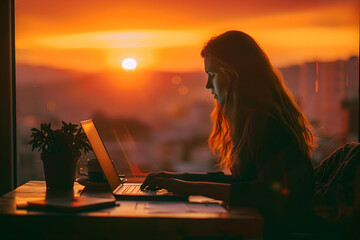 Woman using laptop computer by window overlooking city, work with evening sun. Silhouette girl sitting at his desk in office or cafe. Female works, develops freelance business, study