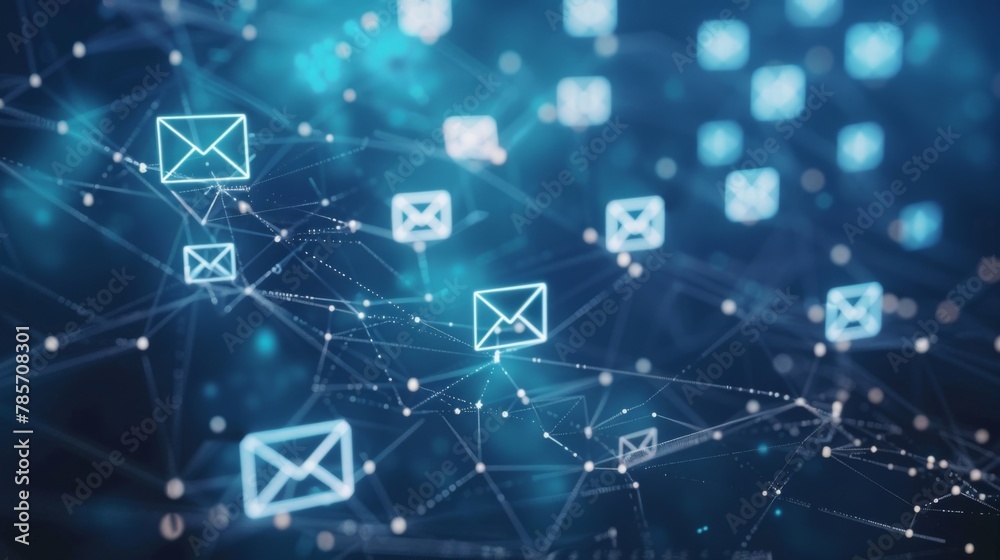Poster blue background with email icons and lines