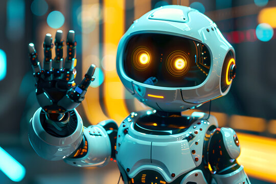 Greeting child robot waves his hand, hello technology of future. Friendly character android. Robot communication and help, ai computer