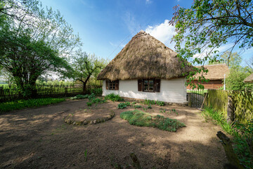 Stara drewniana chatka na wsi w otoczeniu naturalnej przyrody