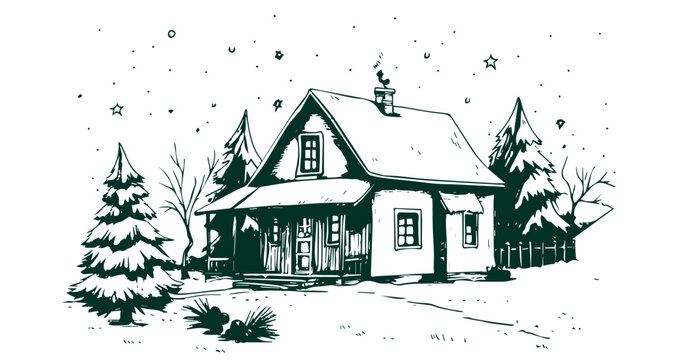 Christmas home, Sketch, Pictogram Art, Black on white image