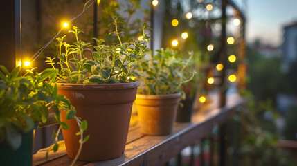 A serene evening setting of a balcony herb garden with string lights illuminating pots of sage and oregano.