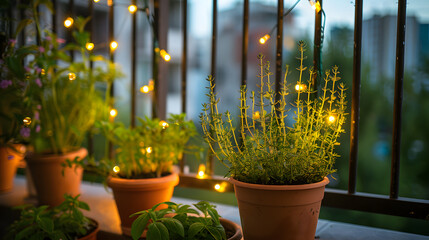 A serene evening setting of a balcony herb garden with string lights illuminating pots of sage and oregano.