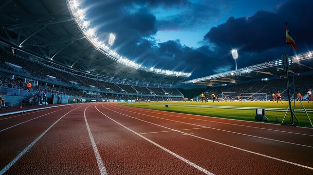 Track and field track in a big arena made with Ai generative technology - Powered by Adobe