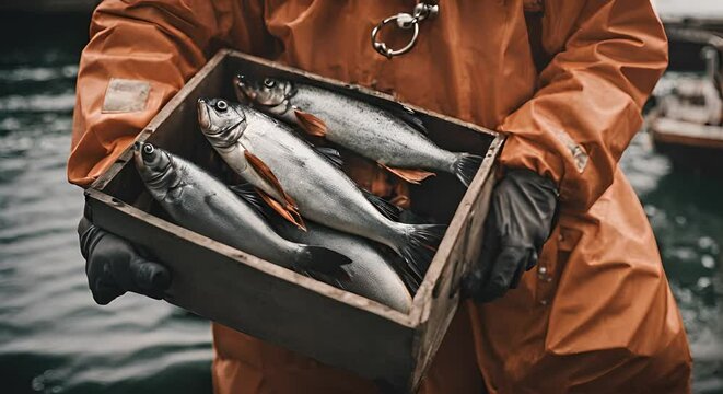 Fisherman in a fishing boat with a box with fish.