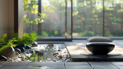 A serene meditation room with minimalist Zen decor and a calming water feature.