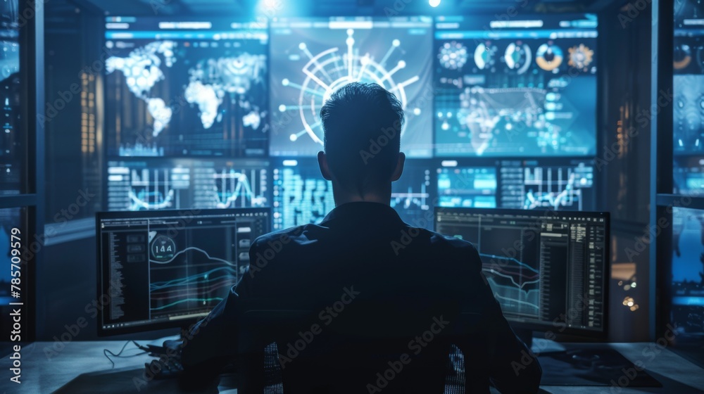 Poster Analyst Monitoring Data on Multiple Screens at Night