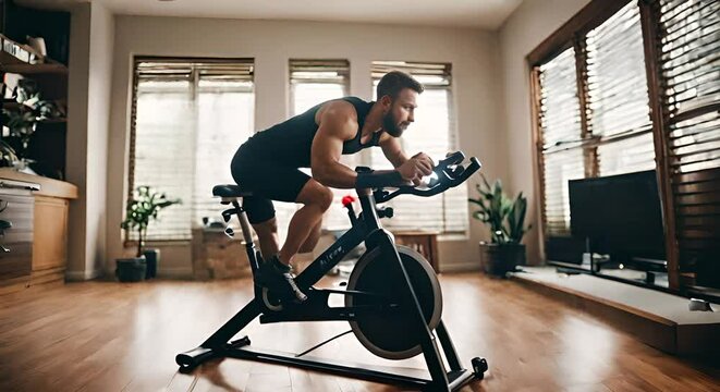 Man doing sports on the exercise bike.