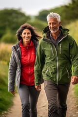 Fototapeta premium A couple of older tourists are walking near the cliff. Positive tourists. Generative AI.