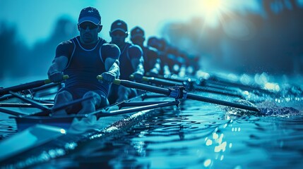 Athletes rowing together made with Ai generative technology, people are fictional - obrazy, fototapety, plakaty