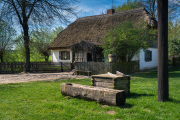Stara drewniana chatka na wsi w otoczeniu naturalnej przyrody - obrazy, fototapety, plakaty