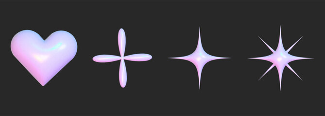 Realistic set 3d elements holographic y2k for web design. Trendy geometric element. Vector y2k illustration