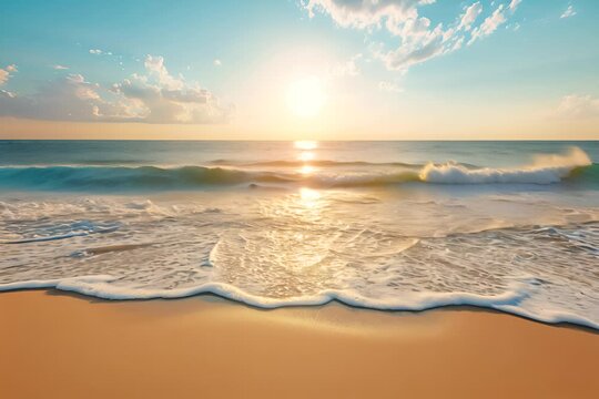 gentle wave rolling onto a sandy beach under a bright sun, evoking feelings of relaxation and summertime.