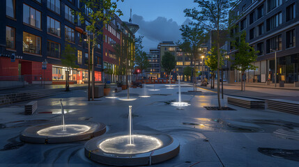A smart urban square with interactive installations free Wi-Fi zones and rainwater collection systems. - obrazy, fototapety, plakaty
