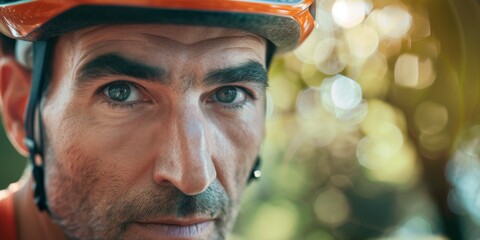 Fototapeta premium A bearded cyclist in a helmet and glasses smiles. Portrait of a biker in the park. Generative AI.