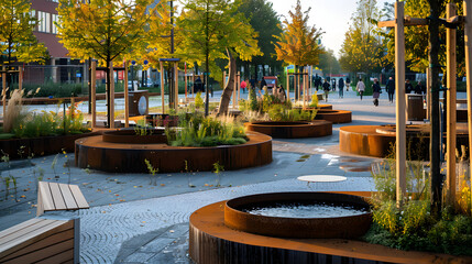 A smart urban square with interactive installations free Wi-Fi zones and rainwater collection systems.