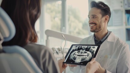 A dentist is showing a patient a digital image of their teeth. The patient is smiling, indicating that they are happy with the results. The dentist is holding a tablet - Powered by Adobe